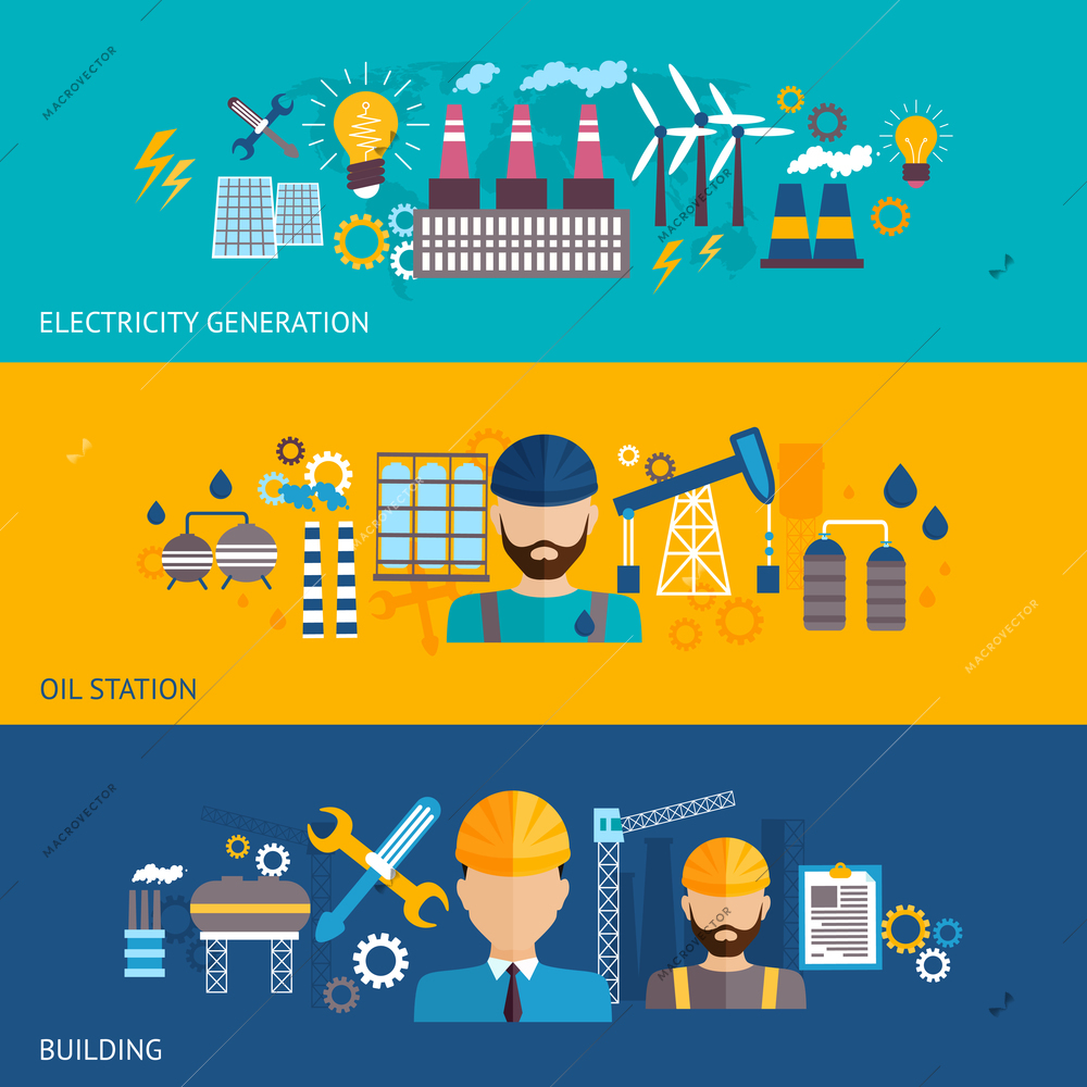 Industrial banner set with factories and plant buildings and engineer avatars isolated vector illustration.