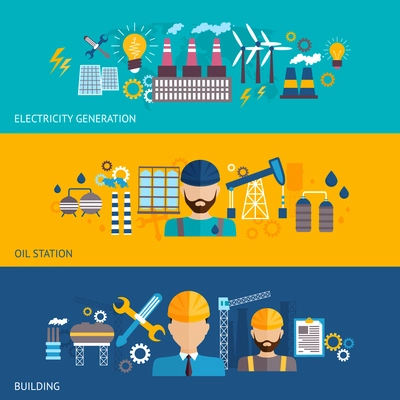 Industrial banner set with factories and plant buildings and engineer avatars isolated vector illustration.