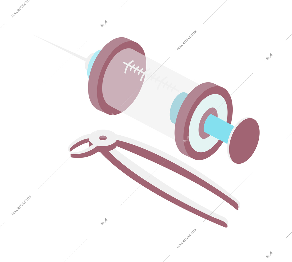 Dentistry isometric icon with syringe and dental forceps for removing teeth 3d vector illustration