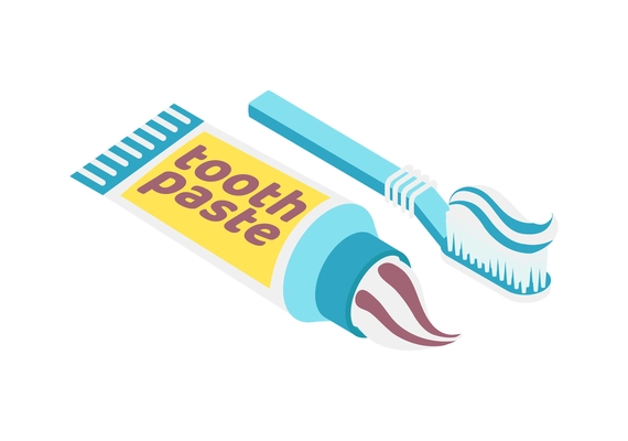 Dental care isometric color icon with toothbrush and tube of toothpaste 3d vector illustration