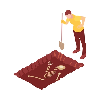 Archeology isometric icon with archeologist with spade looking at human bones in ground 3d vector illustration