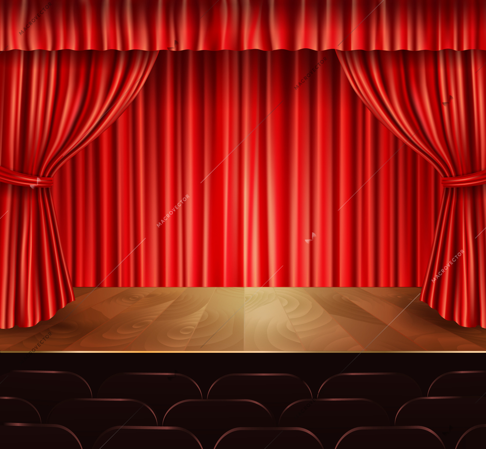 Theater stage with seats red velvet open retro style curtain background vector illustration