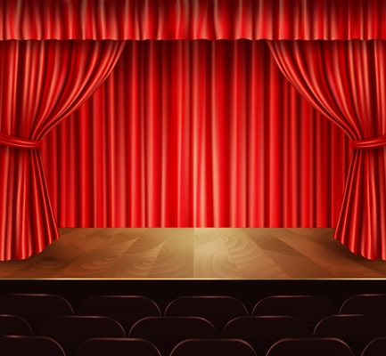 Theater stage with seats red velvet open retro style curtain background vector illustration