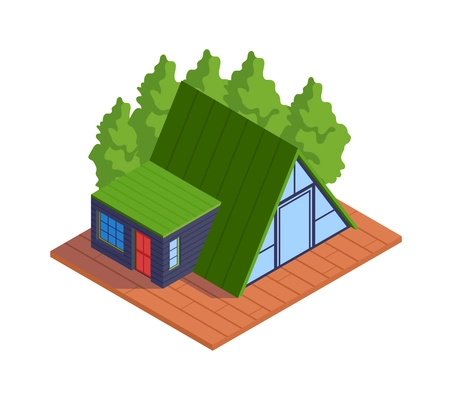 Modern low rise private house with panoramic window and green roof isometric icon 3d vector illustration