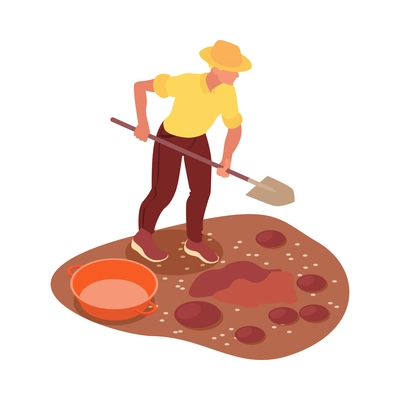 Archeology isometric icon with archeologist with spade working at excavation site finding ancient coins vector illustration