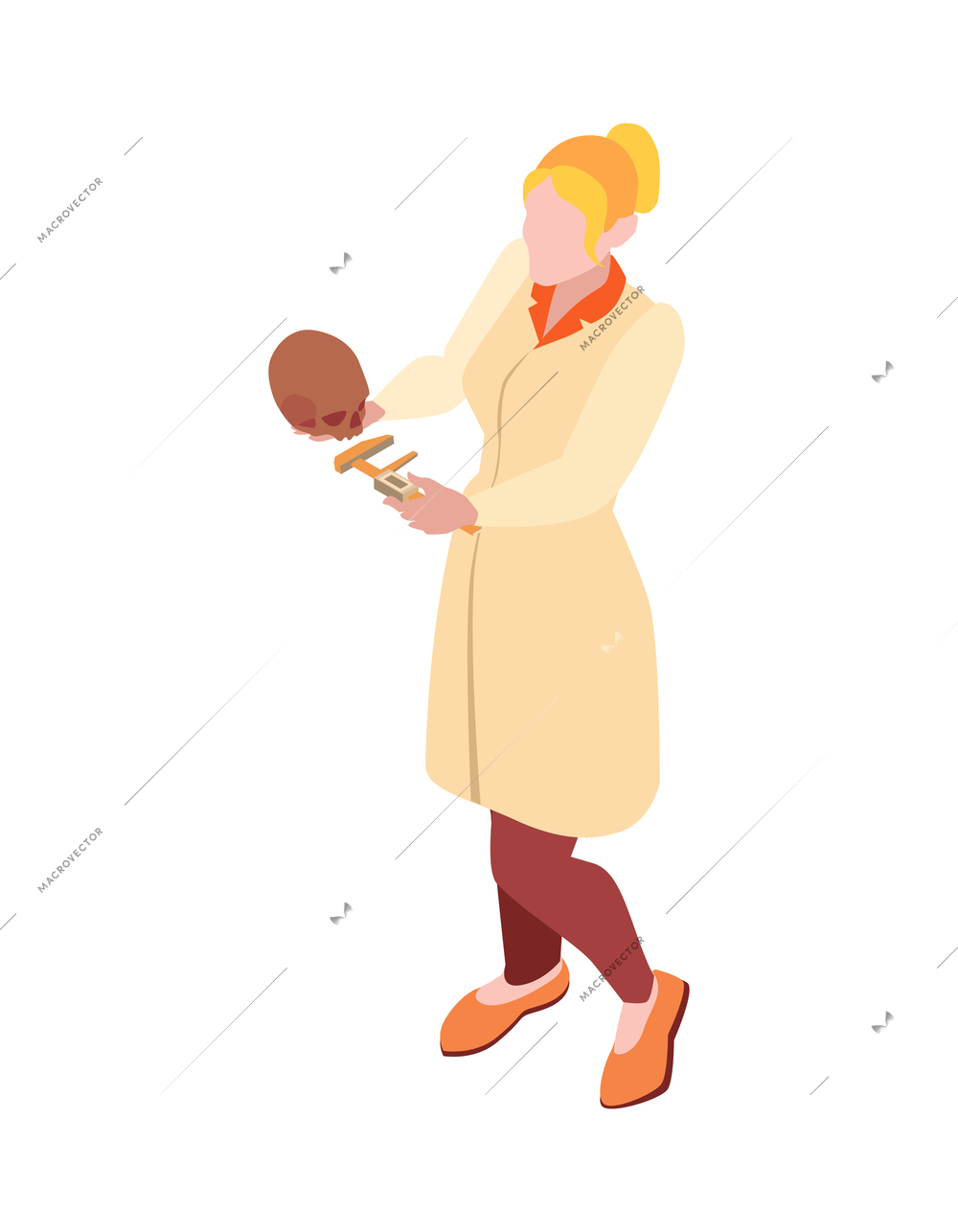 Female archeologist holding human skull and measuring instrument 3d isometric icon vector illustration