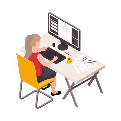 Isometric sewing factory icon with clothes designer at her work place 3d vector illustration