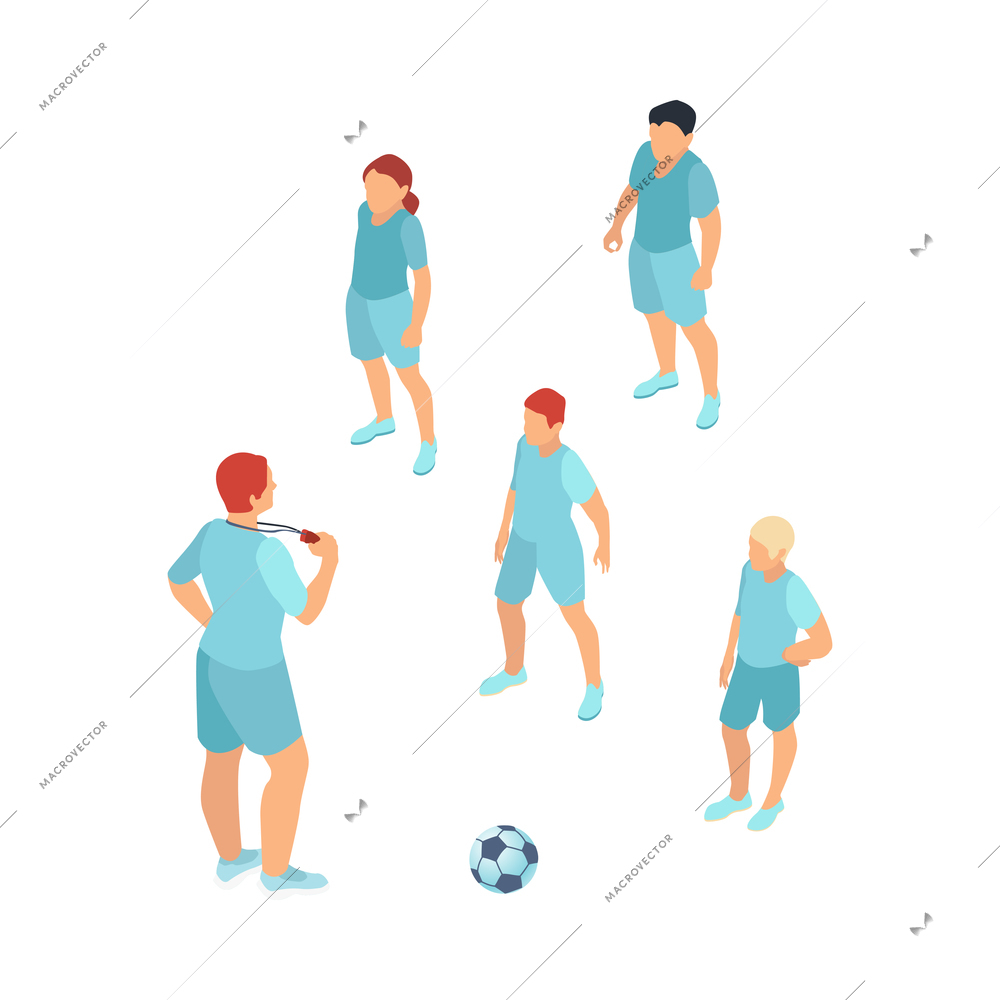 School physical education lesson with isolated characters of coach or teacher and students playing football isometric vector illustration