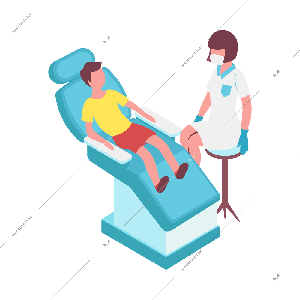 Dentistry isometric icon with characters of patient child and doctor 3d vector illustration