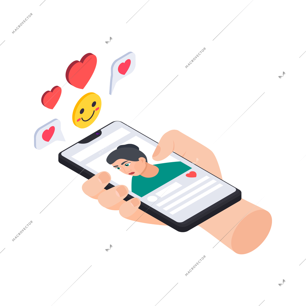 Human hand posting photo on social media using mobile phone 3d isometric vector illustration