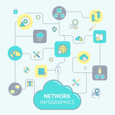 Network and server infographics with cloud computing elements set vector illustration
