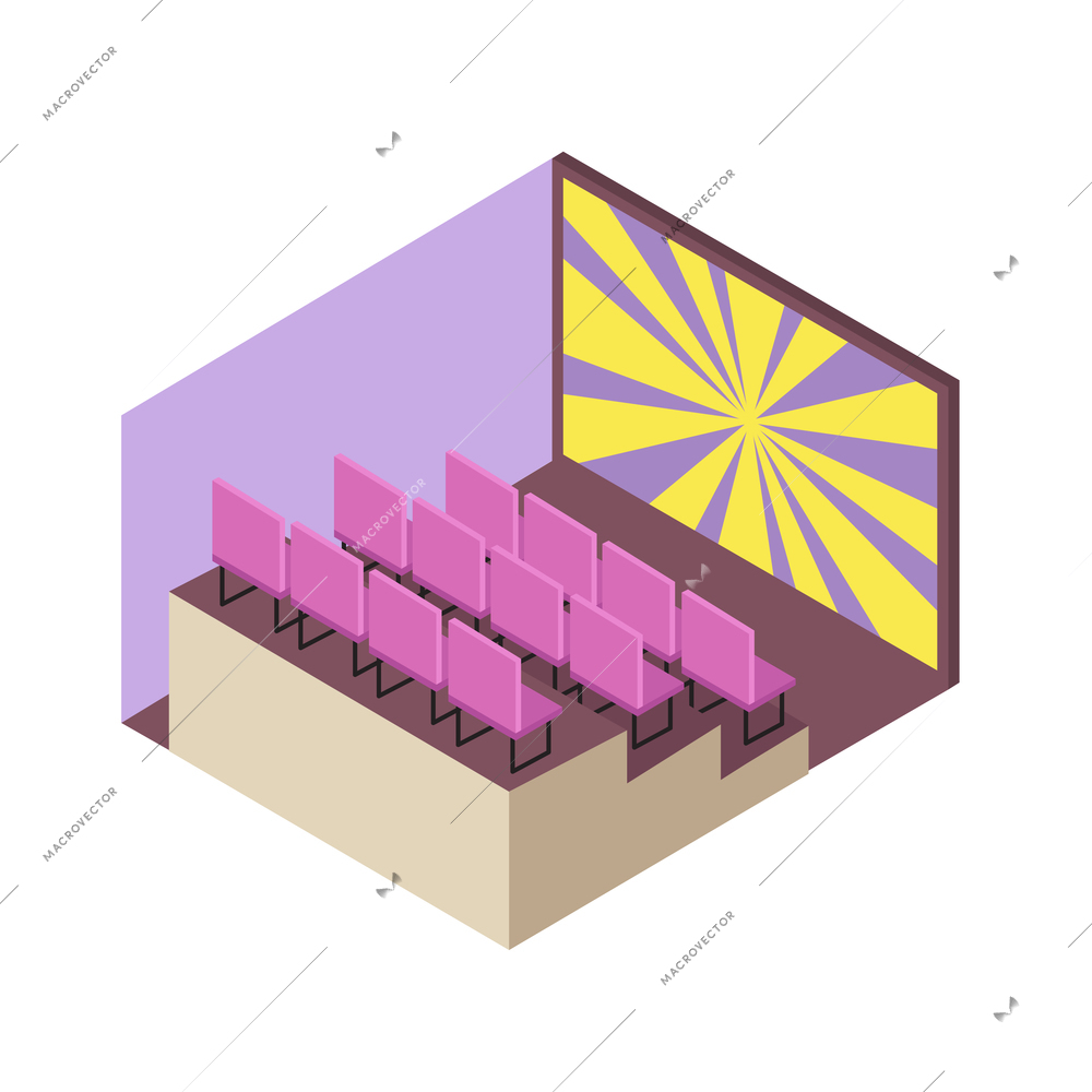 Isometric movie theater cinema hall interior with screen and rows of empty seats 3d vector illustration