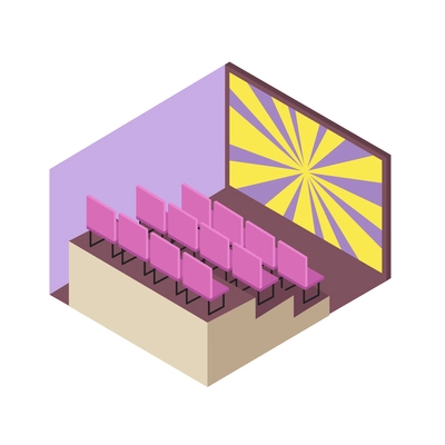 Isometric movie theater cinema hall interior with screen and rows of empty seats 3d vector illustration