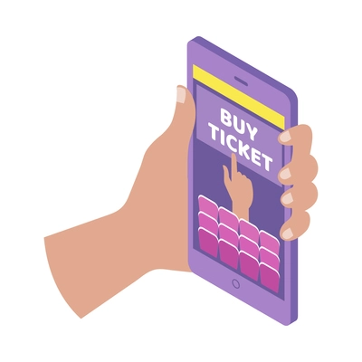 Buying tickets online isometric icon with human hand holding smartphone 3d vector illustration