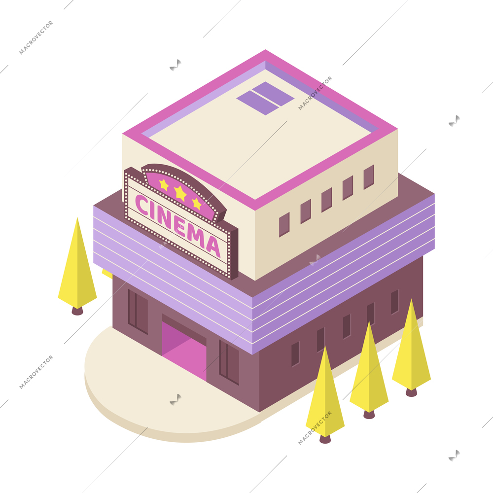 Cinema building exterior in isometric style 3d vector illustration