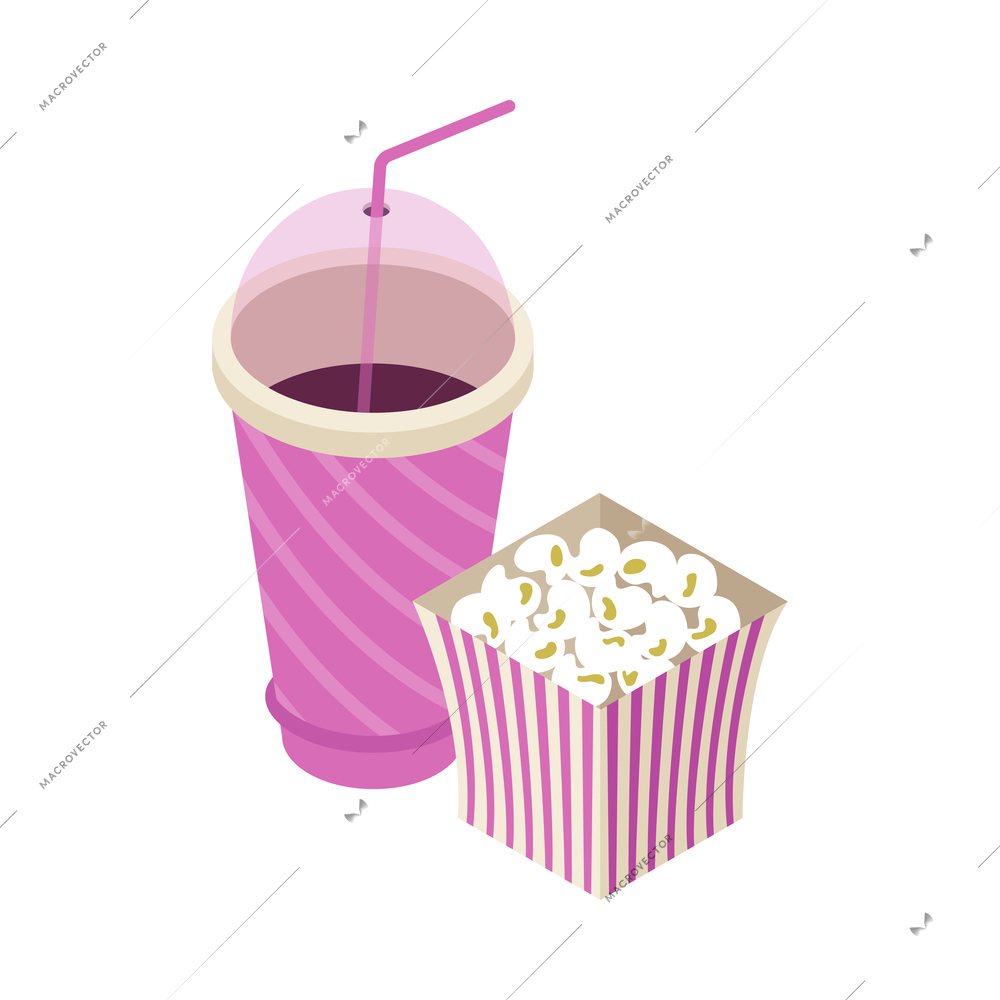 Bucket of popcorn and plastic cup with cold drink isometric icon 3d vector illustration