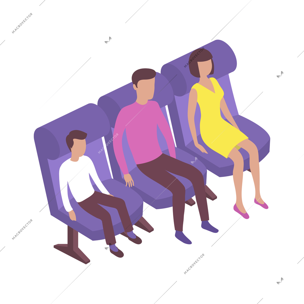 Three people on their seats in cinema hall isometric vector illustration