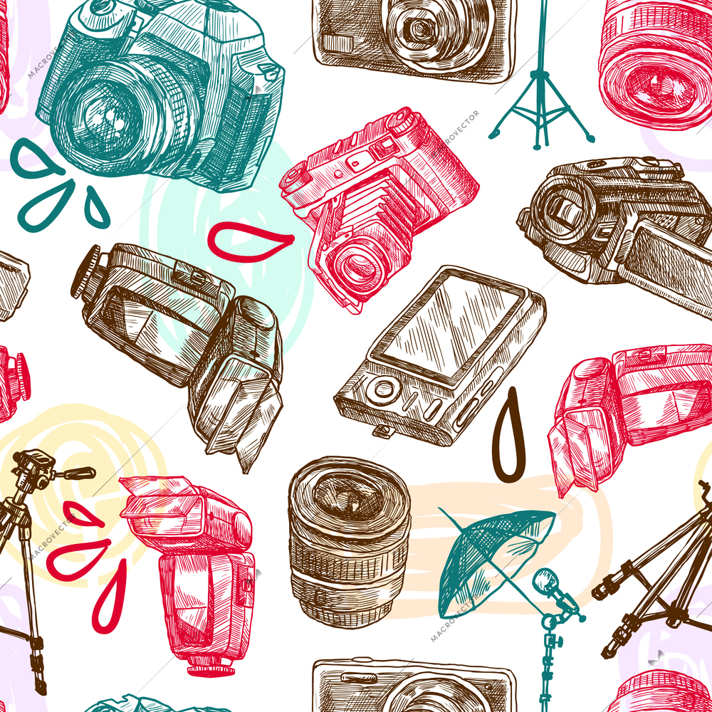 Photo camera digital technology studio equipment hand drawn seamless pattern vector illustration