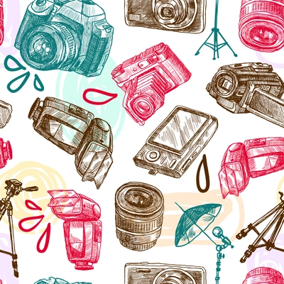 Photo camera digital technology studio equipment hand drawn seamless pattern vector illustration