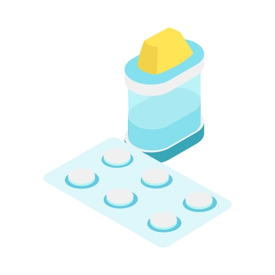 Medication isometric icon with pills and container with water 3d vector illustration