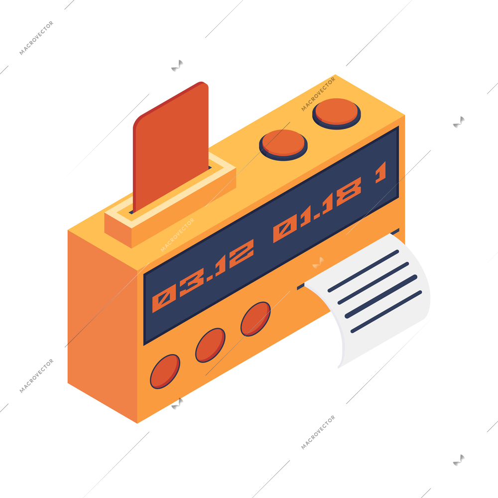 Orange taximeter device with receipt isometric icon 3d vector illustration