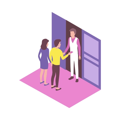 Cinema worker checking tickets of man and woman 3d isometric vector illustration