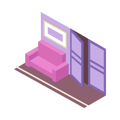 Isometric cinema interior with sofa and hall doors 3d vector illustration