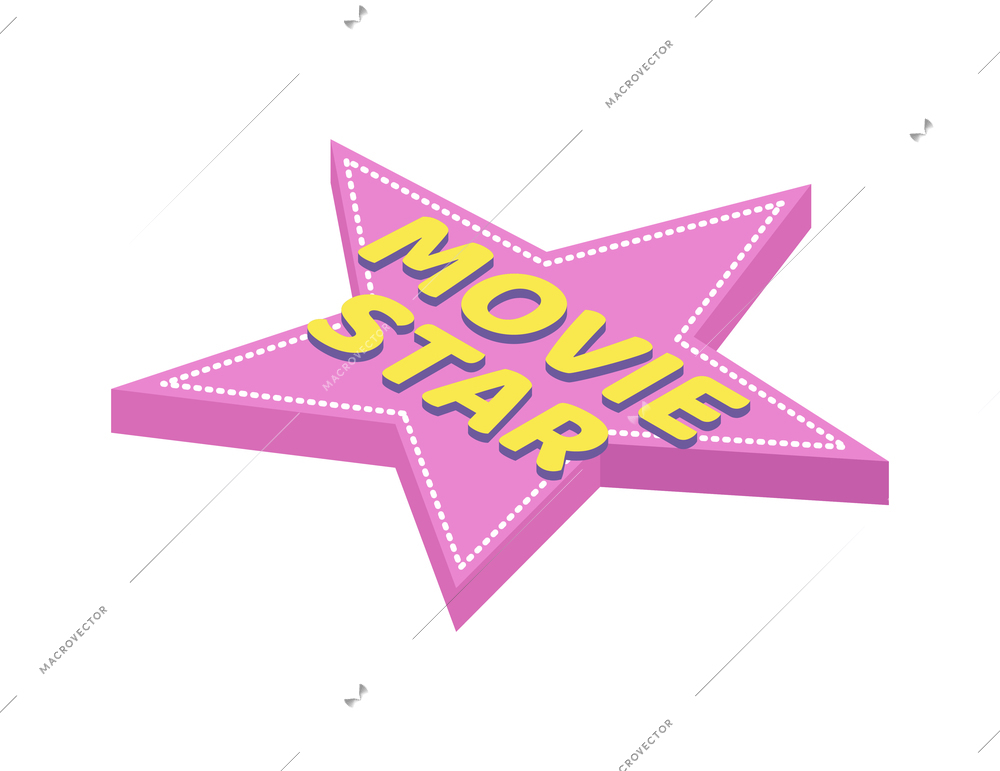 Isometric pink movie star with yellow text on white background 3d vector illustration