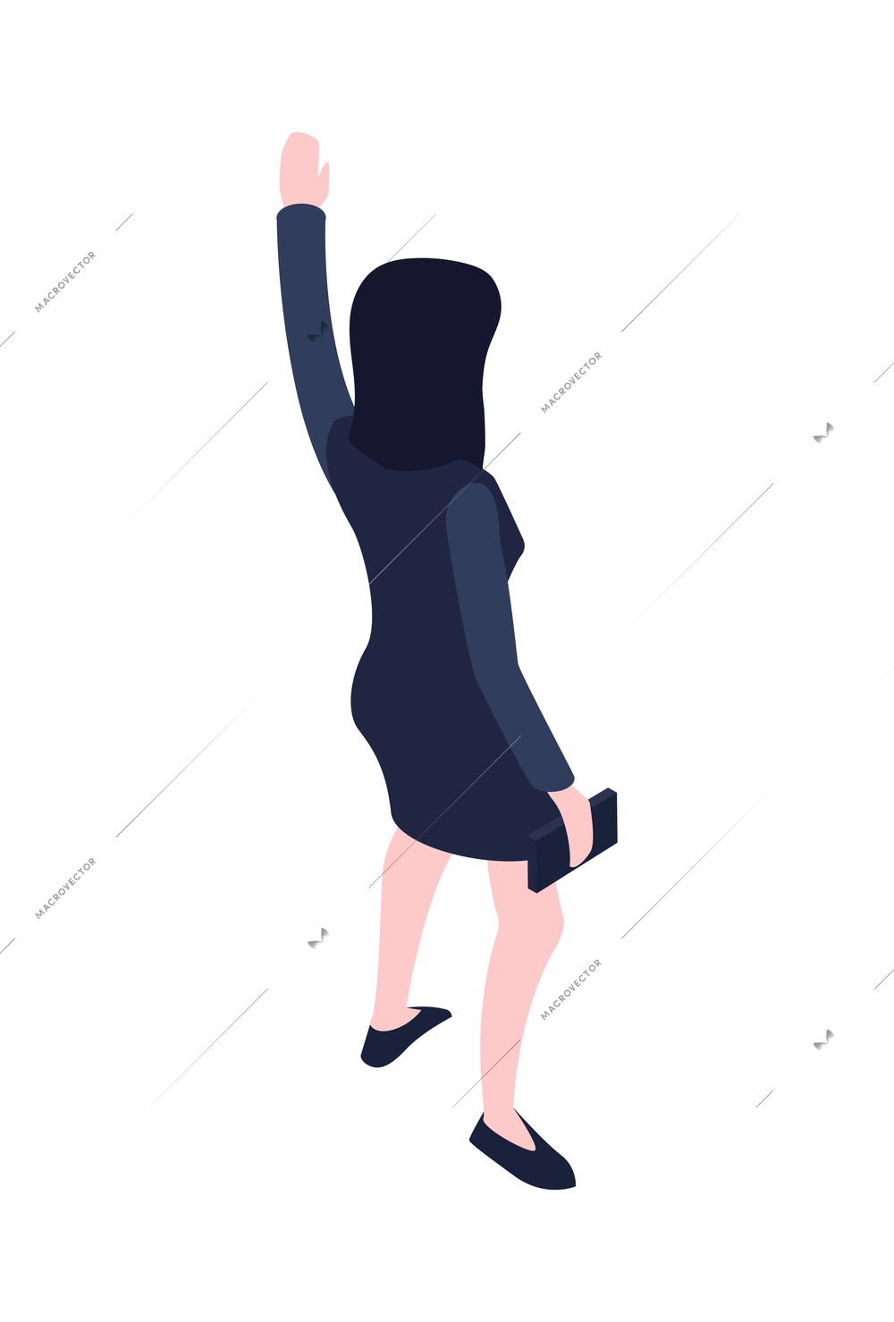 Back view of isometric woman trying to stop taxi 3d vector illustration