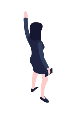 Back view of isometric woman trying to stop taxi 3d vector illustration