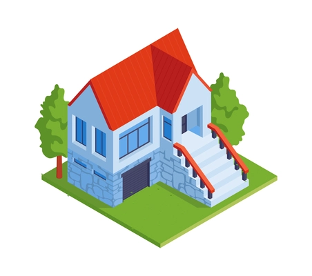 Isometric small modern residential building exterior with porch and garden 3d icon vector illustration