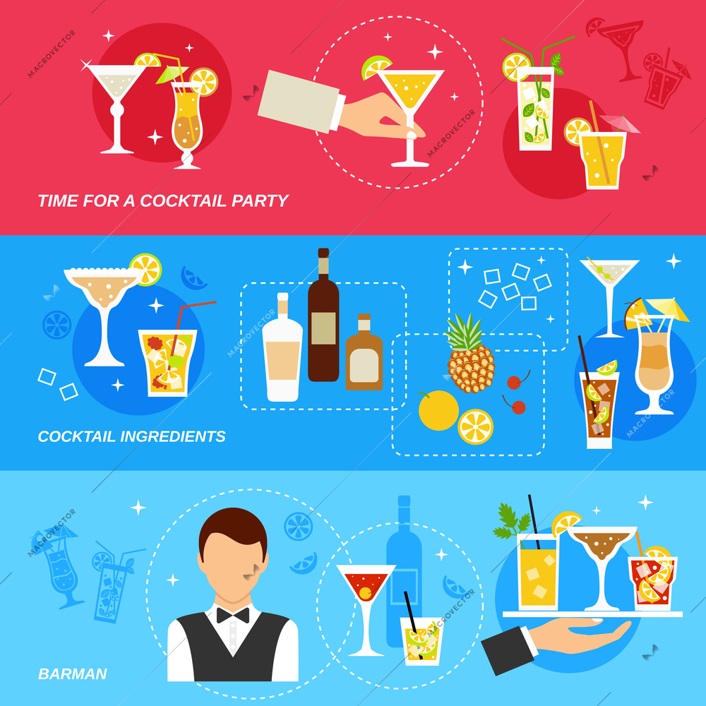 Alcohol cocktails banner set with barman ingredients party isolated vector illustration.