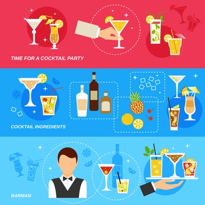 Alcohol cocktails banner set with barman ingredients party isolated vector illustration.