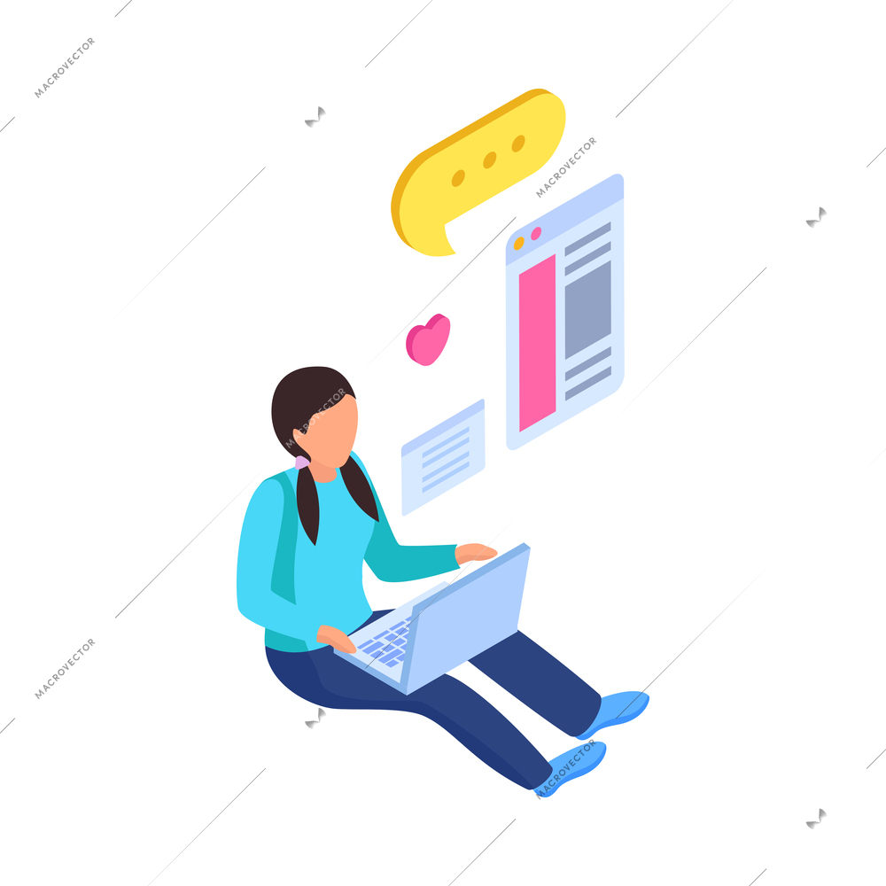Woman chatting using laptop social media isometric icon 3d vector illustration