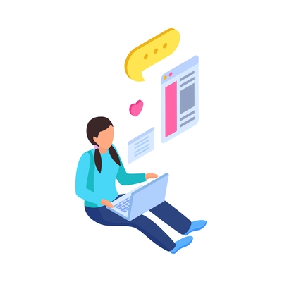 Woman chatting using laptop social media isometric icon 3d vector illustration