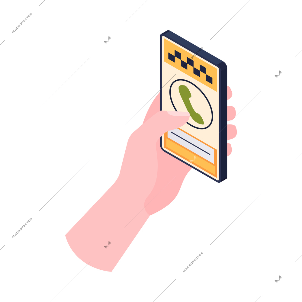 Human hand calling taxi on smartphone isometric icon 3d vector illustration