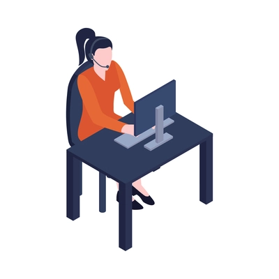 Female worker of call center or customer support service at her work place isometric icon vector illustration