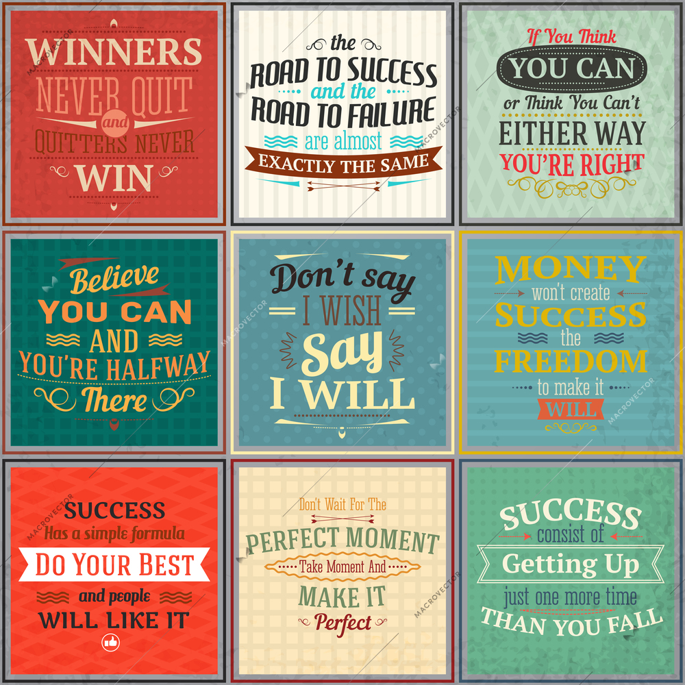 Success money freedom motivational quotes colored emblems set isolated vector illustration