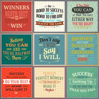 Success money freedom motivational quotes colored emblems set isolated vector illustration