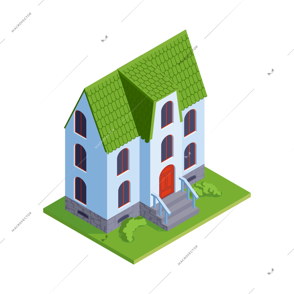 Modern three storey private house with green roof and porch 3d isometric icon vector illustration