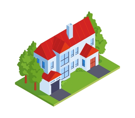 Isometric town house with big windows and garage modern architecture 3d icon vector illustration