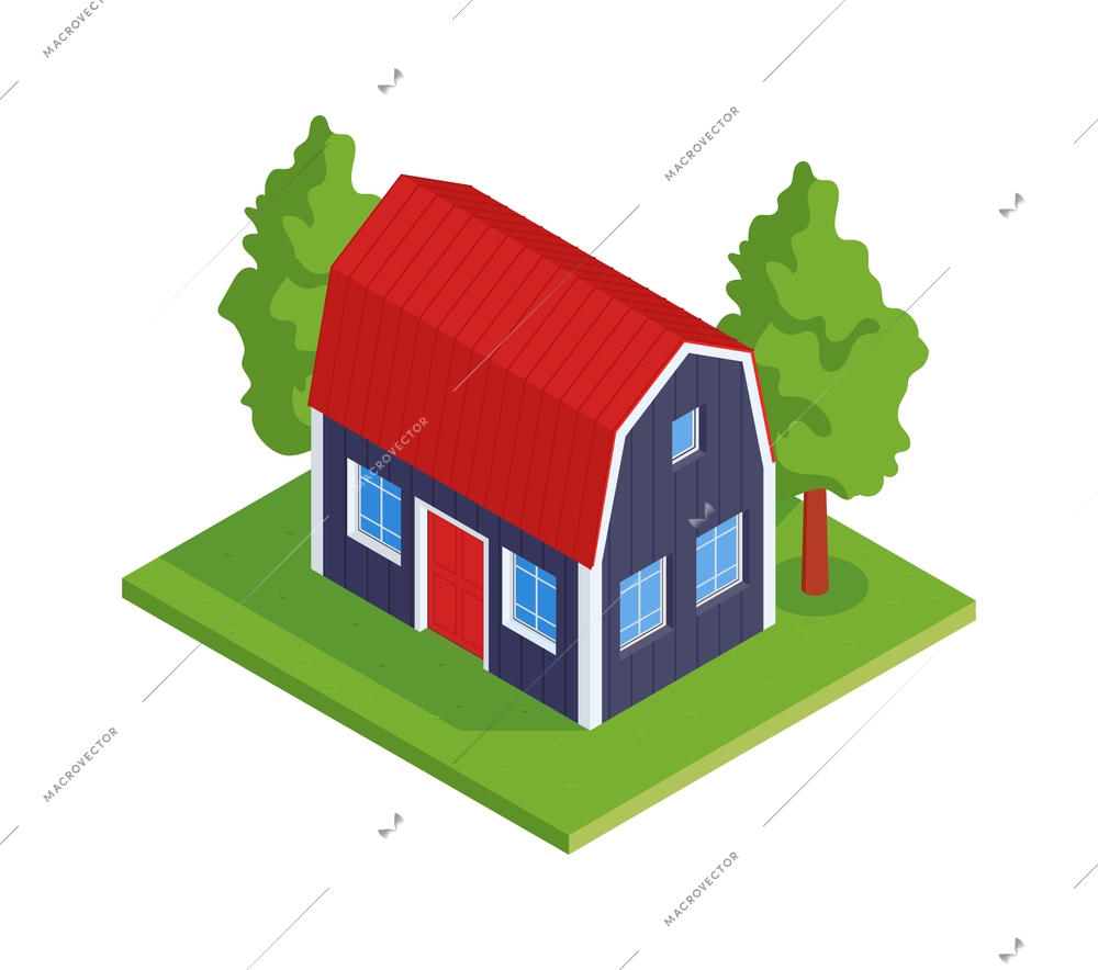 Low rise wooden cottage in green garden isometric icon 3d vector illustration