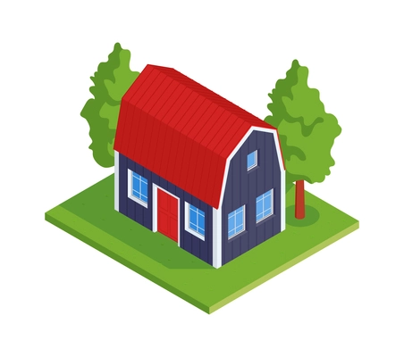 Low rise wooden cottage in green garden isometric icon 3d vector illustration