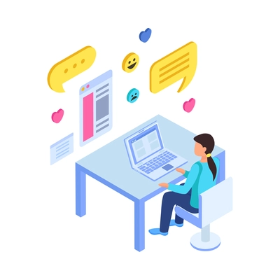 Chatting online isometric icon with female character communicating on laptop and colorful symbols vector illustration