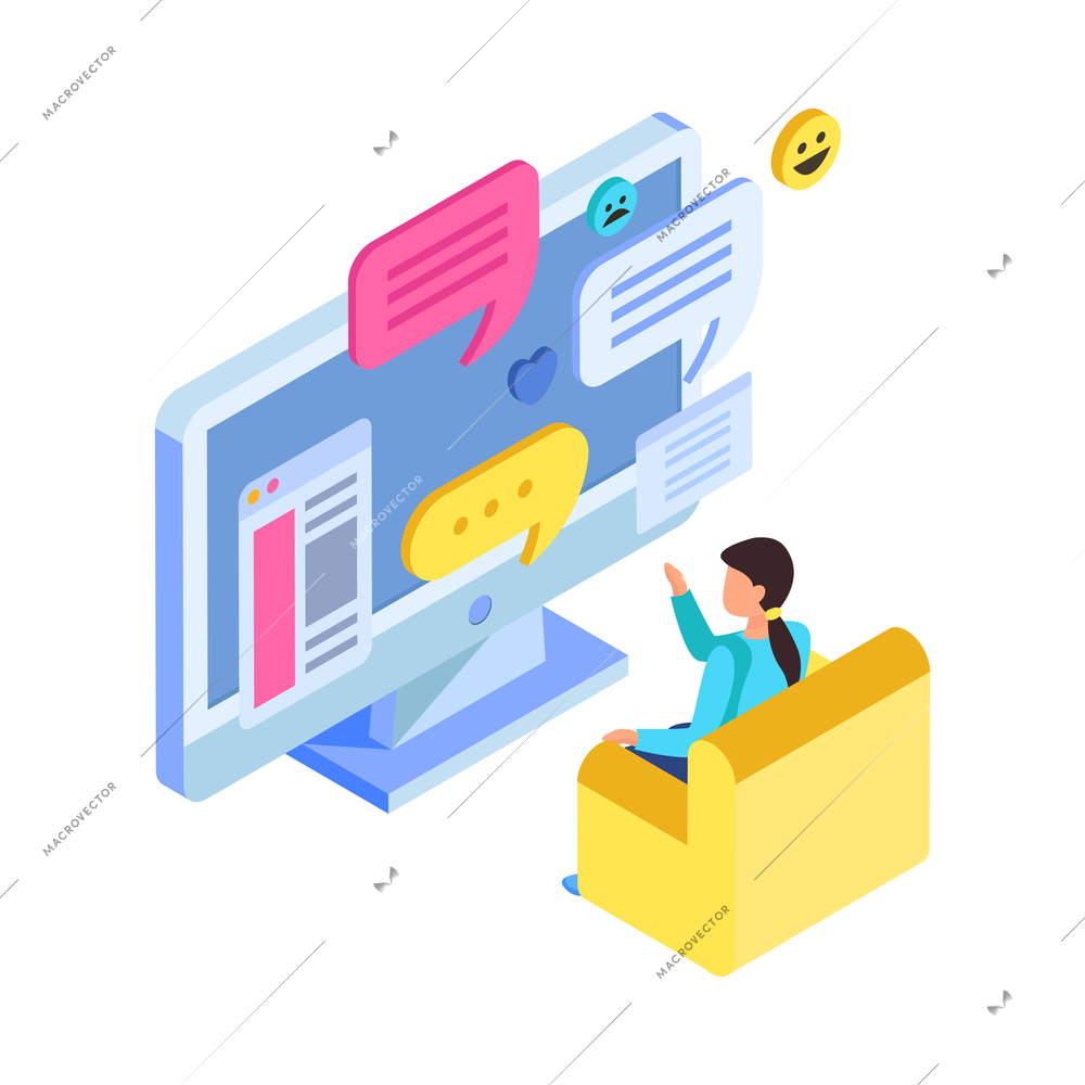 Chatting in social media isometric icon with human character and online communication symbols on computer vector illustration