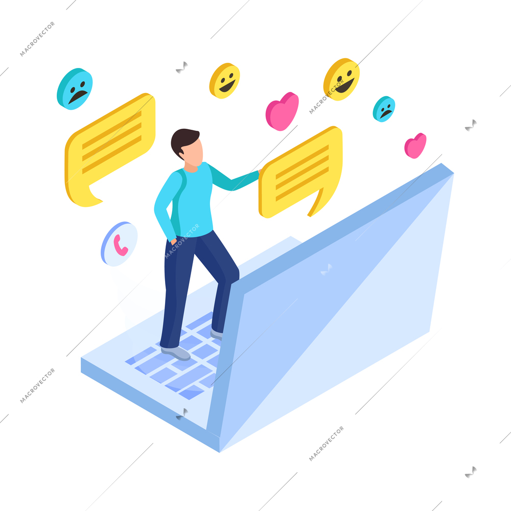 People chatting in social media isometric icon with colorful symbols 3d vector illustration