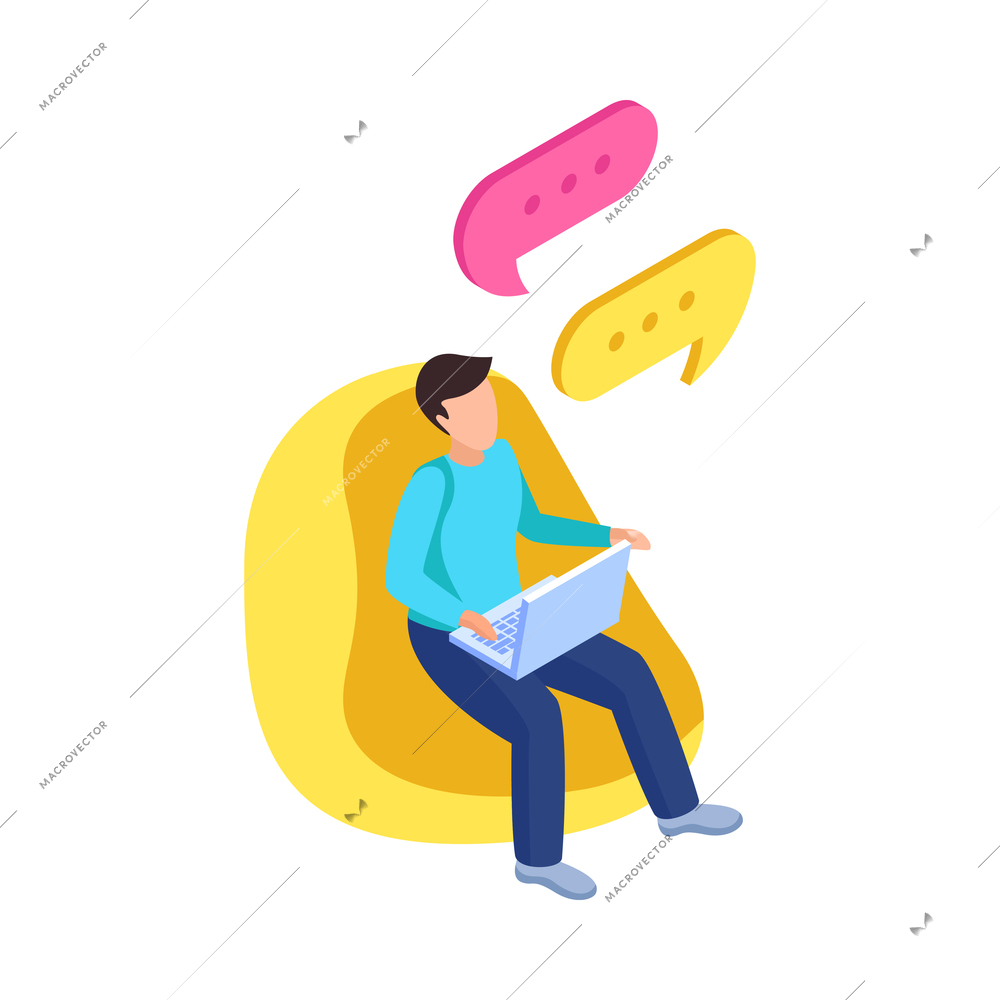 Isometric icon with man chatting online on laptop 3d vector illustration