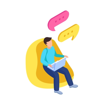 Isometric icon with man chatting online on laptop 3d vector illustration