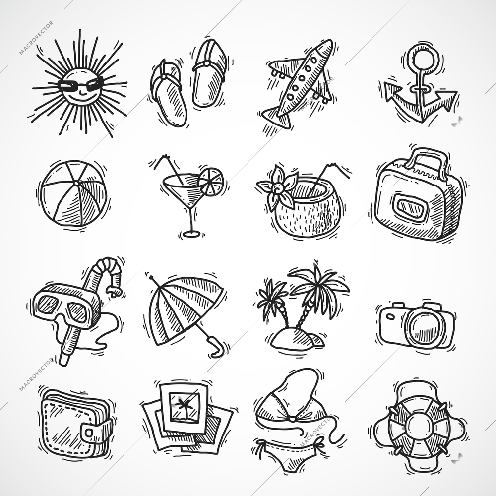 Summer vacation related objects Set of various hand drawn summer vacation  related objects  CanStock