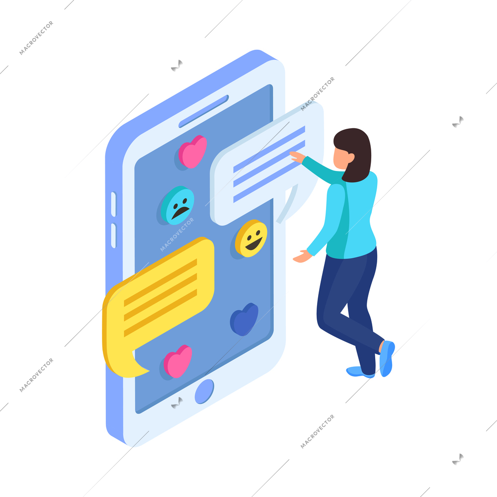 Online chatting mobile app isometric icon with human character and smartphone 3d vector illustration